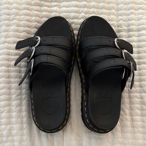 Dr. Martens Black Triple-Strap Platform Slides with Yellow Welt Stitching